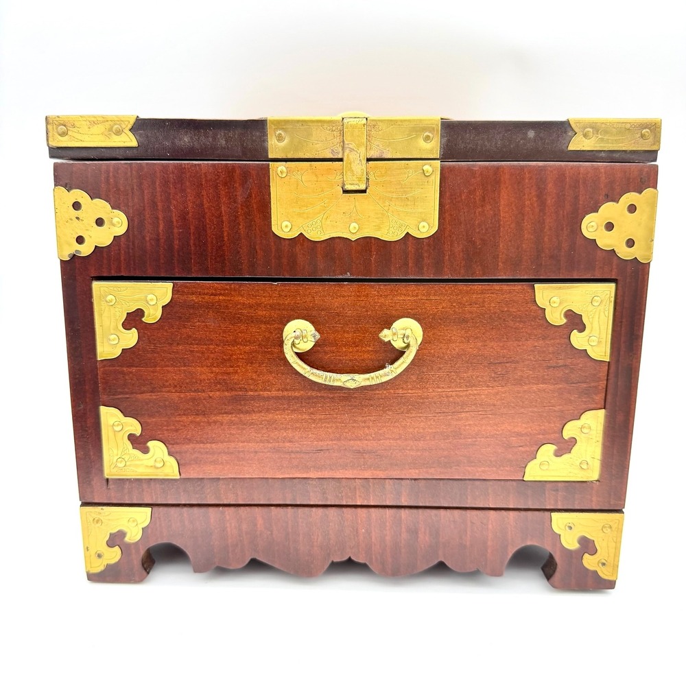 Vintage Asian Wood Brass Vanity Mirror Jewelry Box Chest Brown